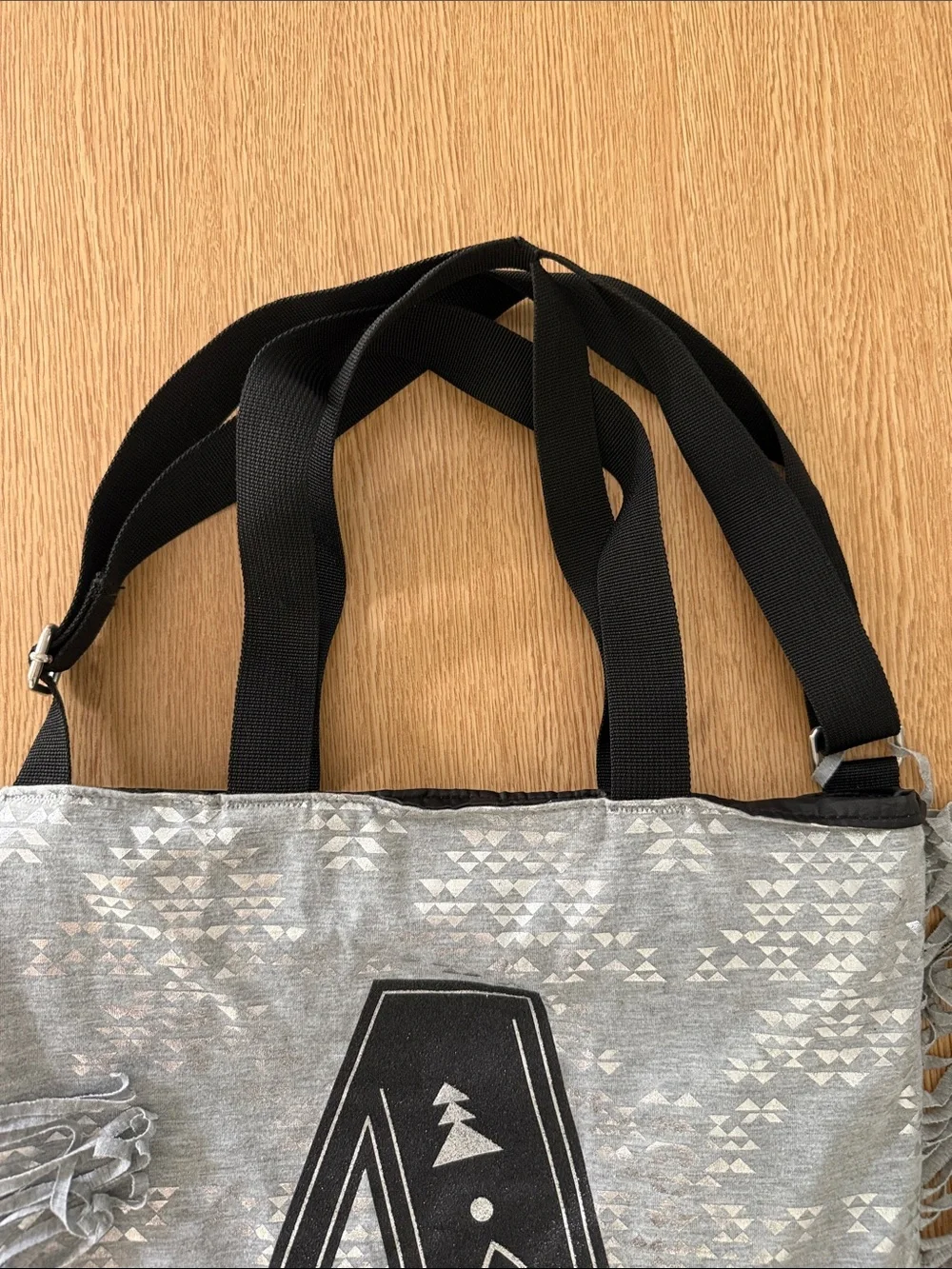 Justice Gray Fringe Tote Bag with Black Letter A